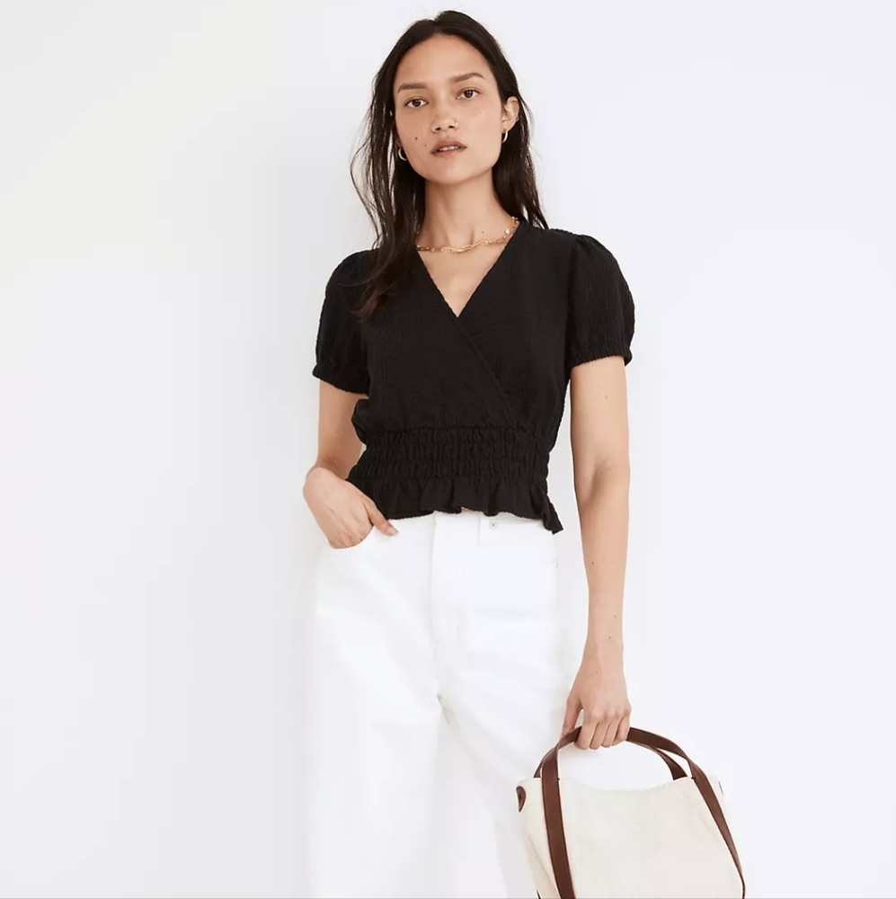 Madewell Knit Seersucker Smock-Waist Crop Top